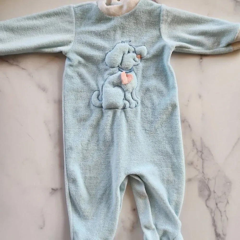 Little Me 3-6 month baby boy light blue pajama puppy dog pj vintage plush terry